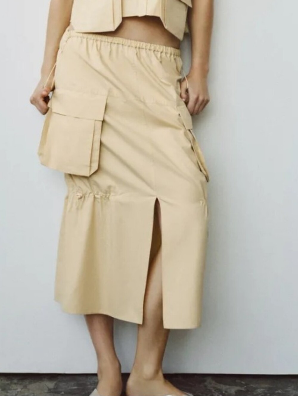 Zara Zw Collection Yellow Cargo Midi Skirt with Front Slit Sz-XL Elastic Waist